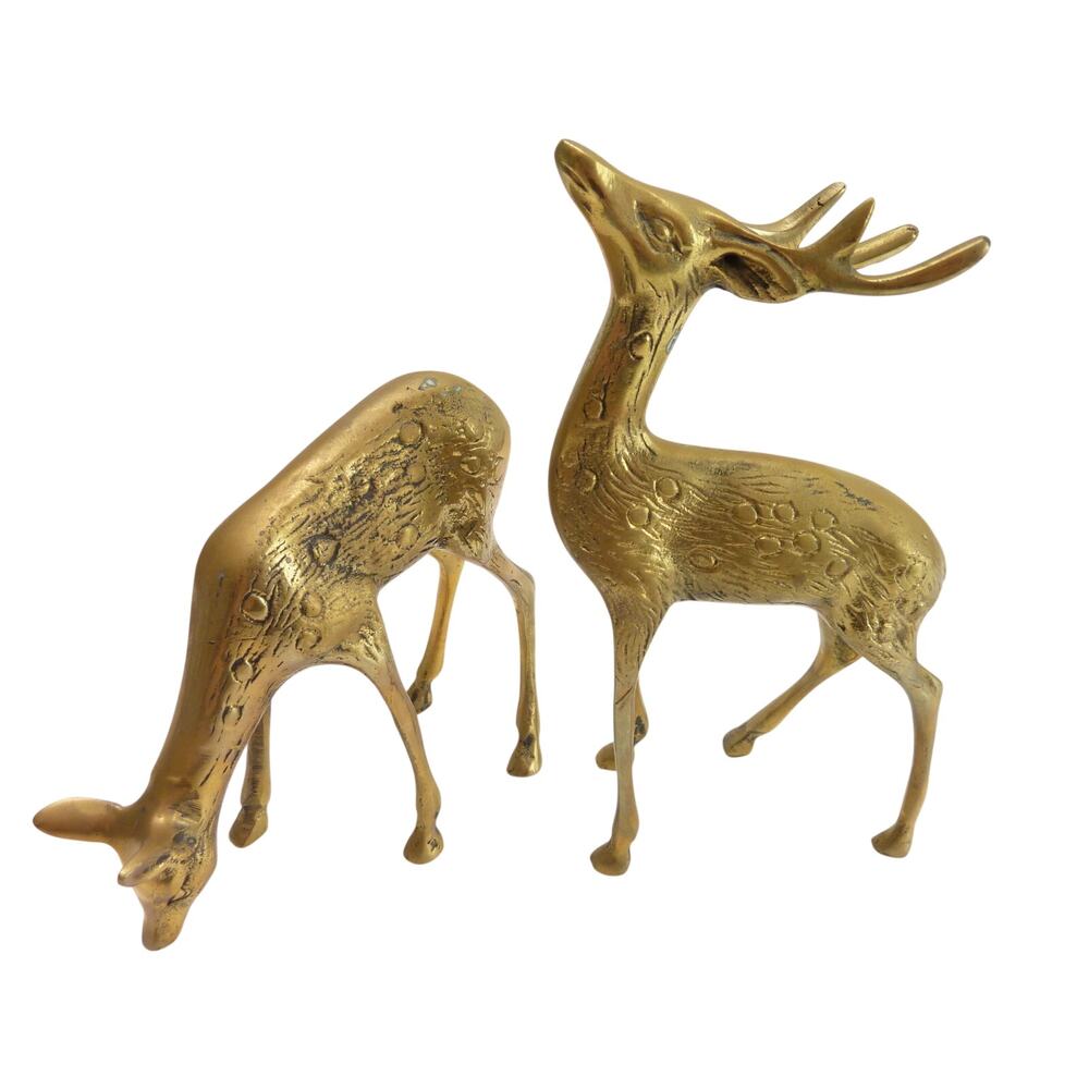 Vintage Brass Deer Figurine Set Buck Doe MCM Mid Century Cabin Lodge Decor Pair